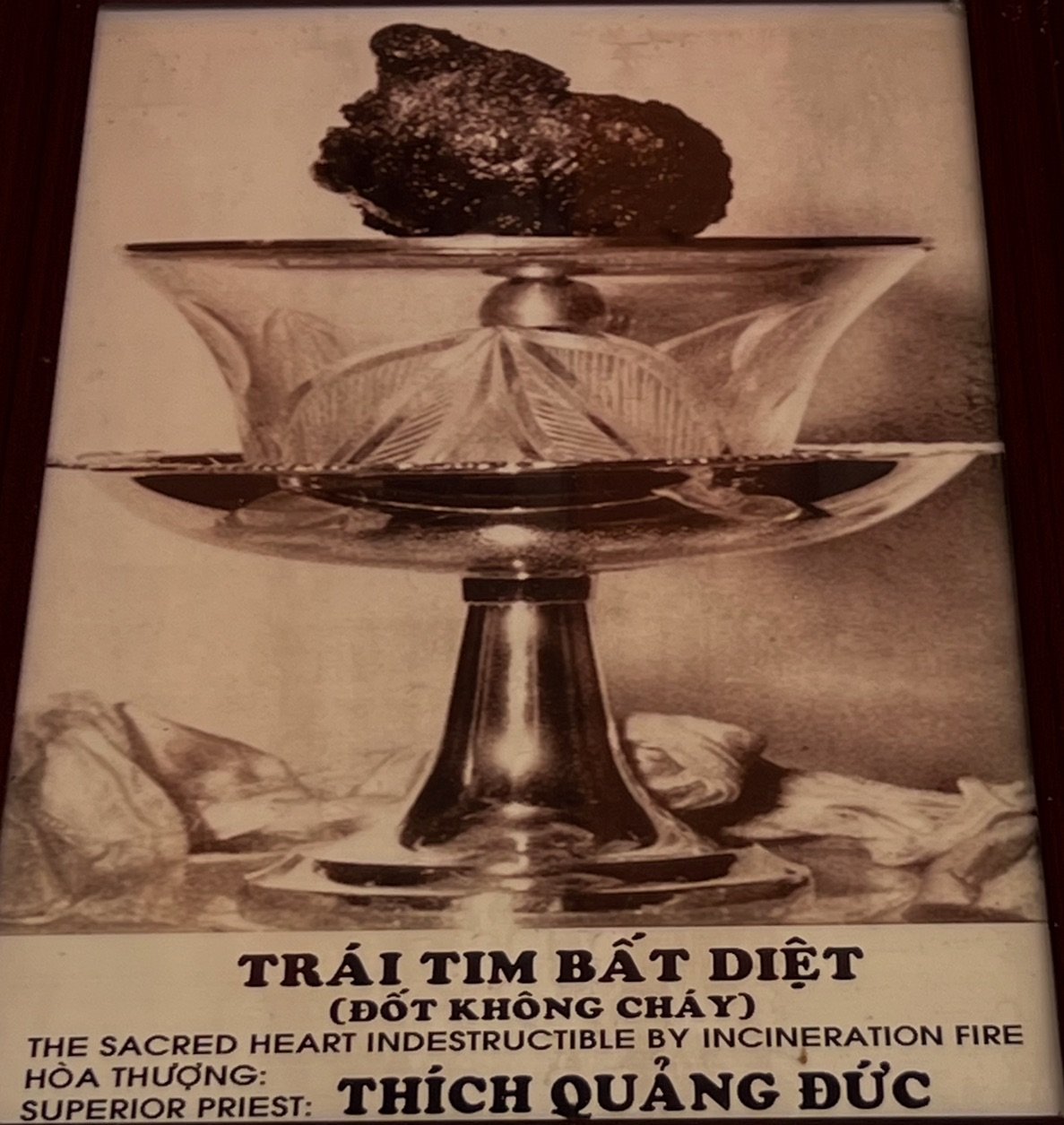 Pannello che indica come il cuore di Thích Quảng Đức sia rimasto miracolosamente intatto, Tempio di Thiên Mụ, Huế, Vietnam. Foto di Massimo Introvigne.