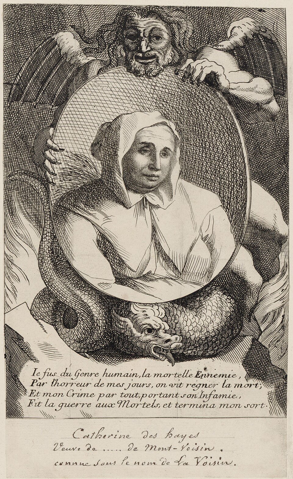 Catherine La Voisin (1640–1680), depicted as “the mortal enemy of humanity” in this engraving by Antoine Coypel (1661–1722), was at the center of the alleged Satanist ring at the court of King Louis XIV (1638–1715). Credits.