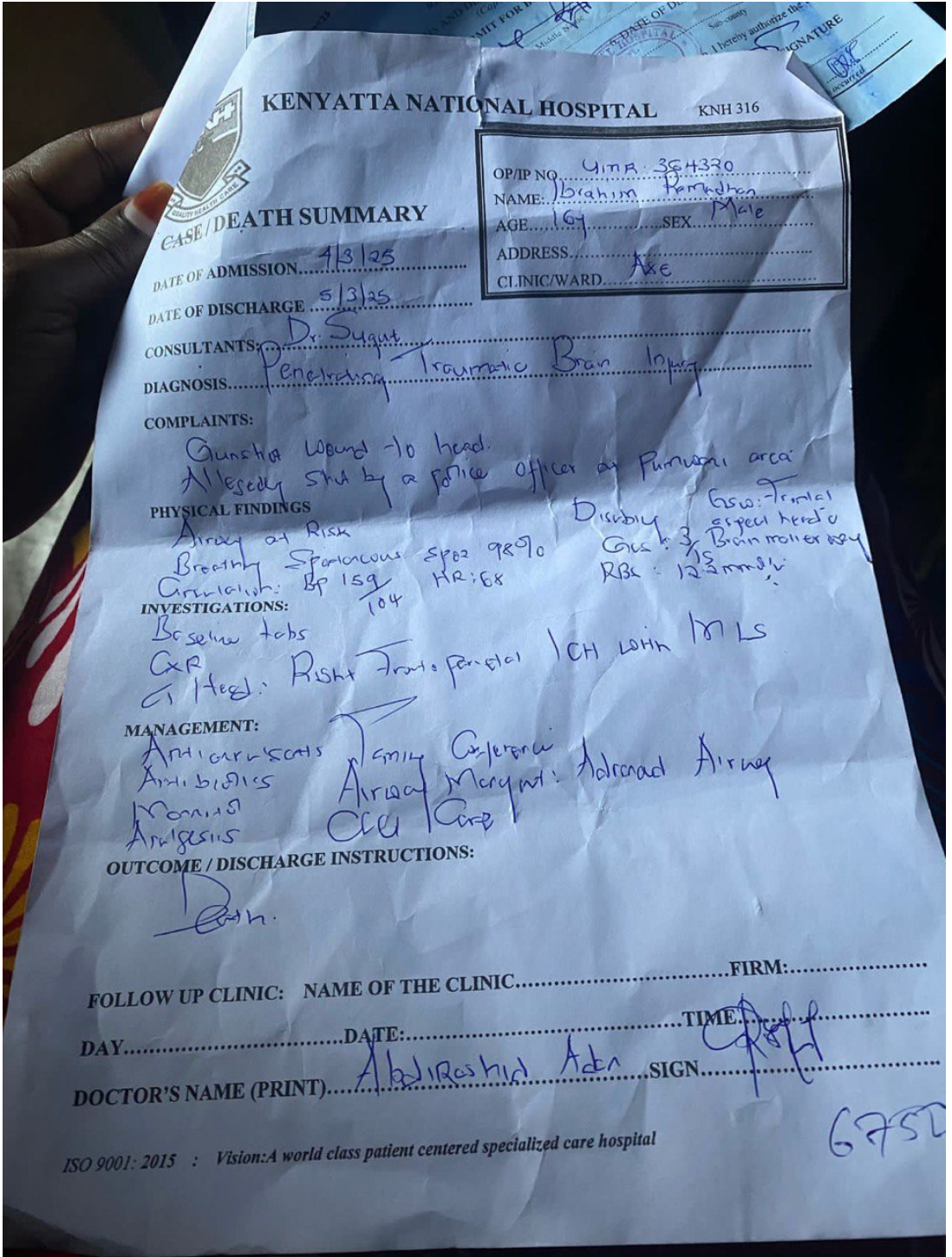 Certificate of death of Ibrahim Ramadan.