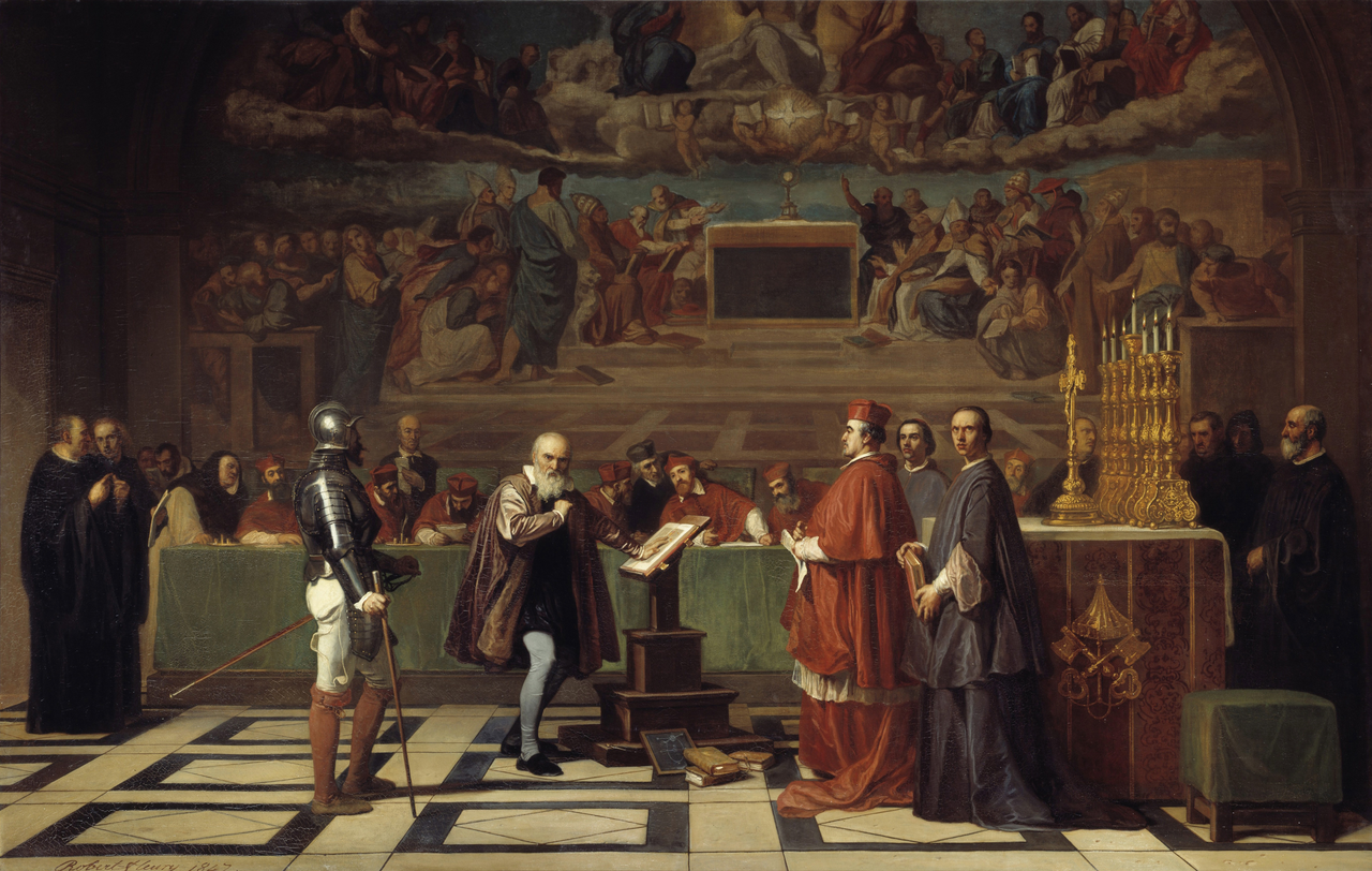Joseph-Nicolas Robert-Fleury (1797–1890), “Galileo Before the Holy Office,” a typical 19th-century view of the events. Credits.