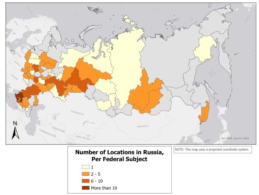 Locations in Russia where Ukrainian children were taken, from the report.