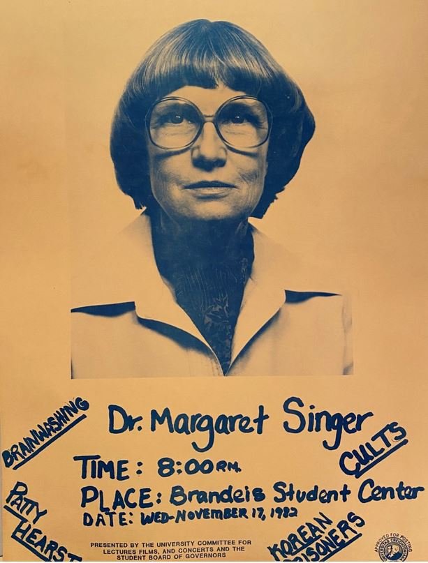 An early poster for an anti-cult lecture by Margaret Singer (1921–2003).