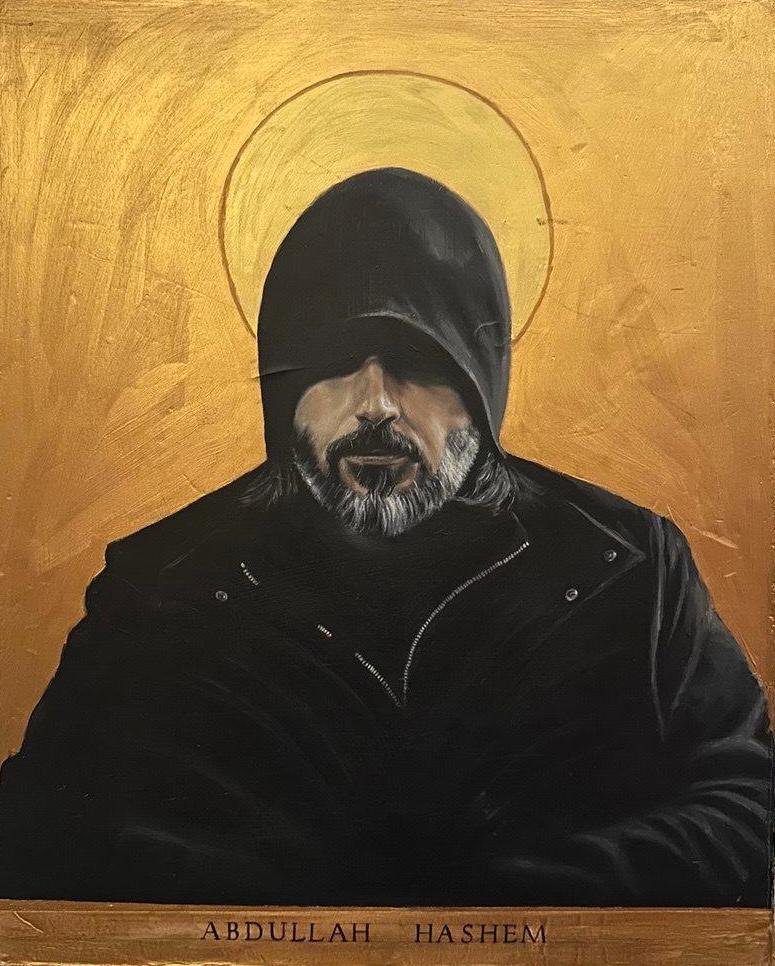 An idealized portrait of Abdullah Hashem at AROPL&rsquo;s British headquarters.