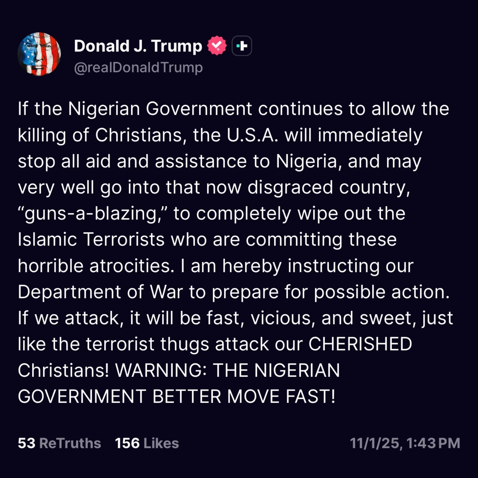 Image 1: President Trump’s now-famous social media post on Nigeria.
