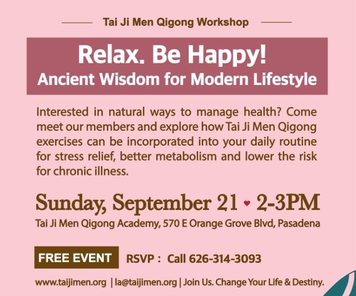 Poster for a health management event at the Tai Ji Men Qigong Academy in Pasadena, California.