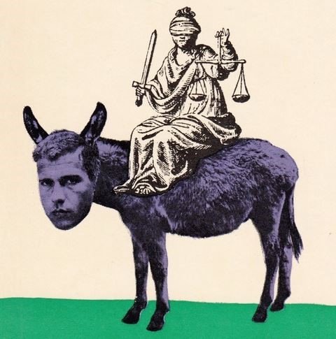 Dutch cartoon on The “Donkey Tryal” of Gerard Kornelis van Het Reve (1923–2006). From the cover of the book by Jan Fekkes, “De God van je tante—ofwel het Ezel-proces van Gerard Kornelis van het Reve” (Amsterdam: De Arbeiderspers, 1968).