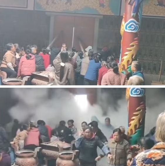 The women barricaded inside the temple are attacked with irritant gas. Screenshots.