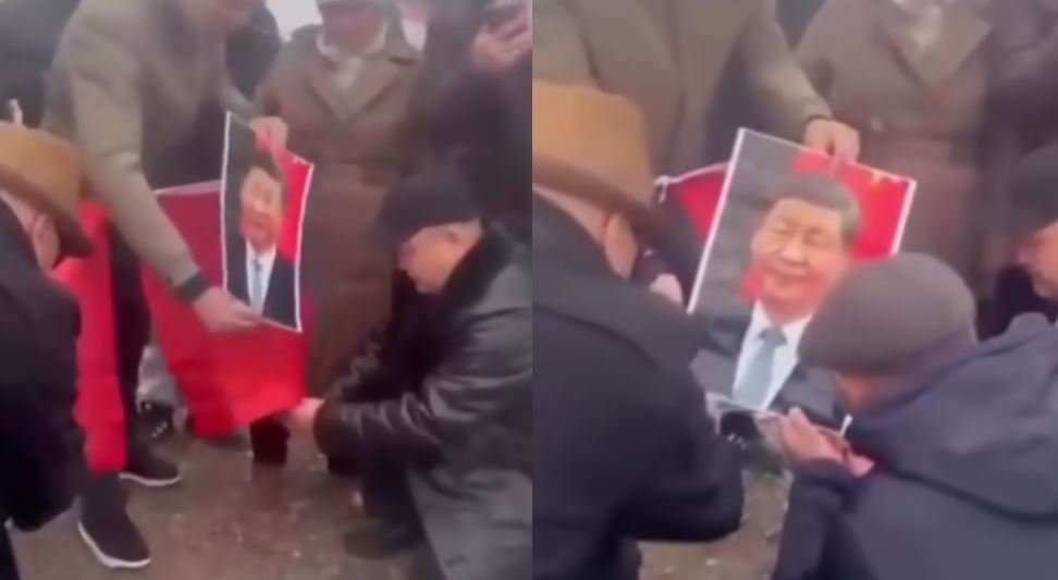 Activists burning Chinese flags and portraits of Xi Jinping in Kazakhstan.
