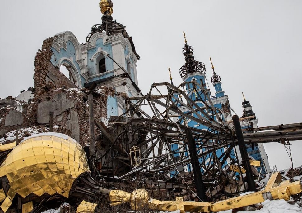 A church destroyed by Russian bombings in Bohorodychne, Donetsk Oblast, Ukraine. Photo by Volodymyr Kutsenko, from X.