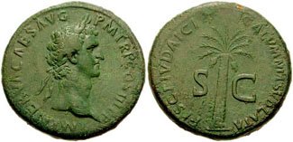 A coin issued by Emperor Nerva (30–98) in 97 CE to celebrate his abolition of “Fiscus Judaicus.” Credits.