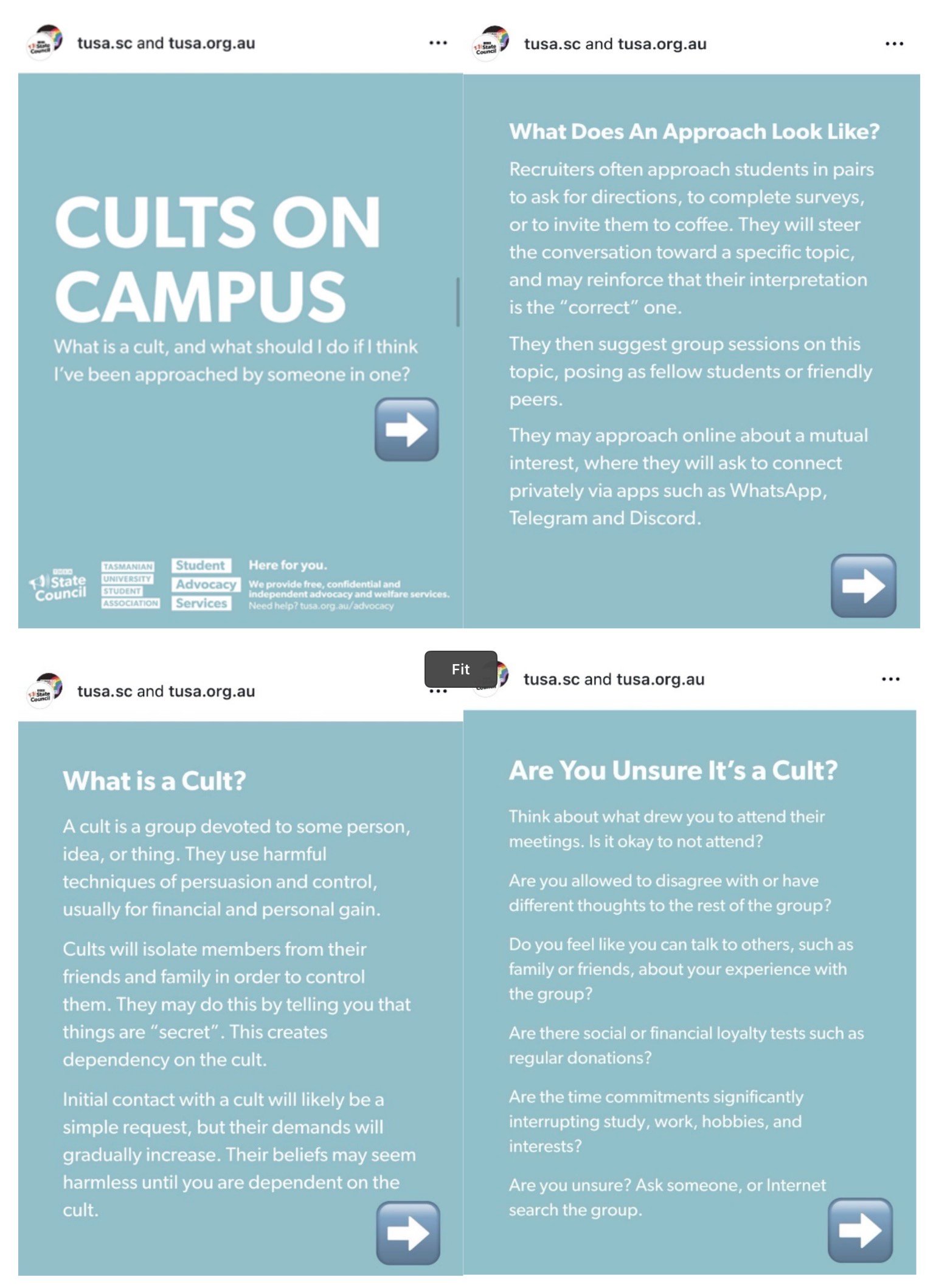 An Instagram post by TUSA entitled &ldquo;Cults on Campus: What is a cult, and what should I do if I think I&rsquo;ve been approached by one.&rdquo;