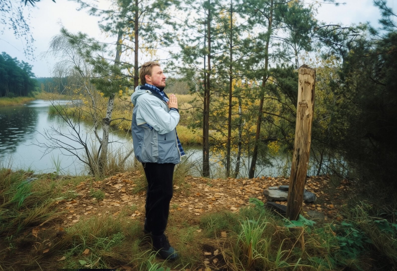 Rudnev at age 37, praying in a forest near Novosibirsk.