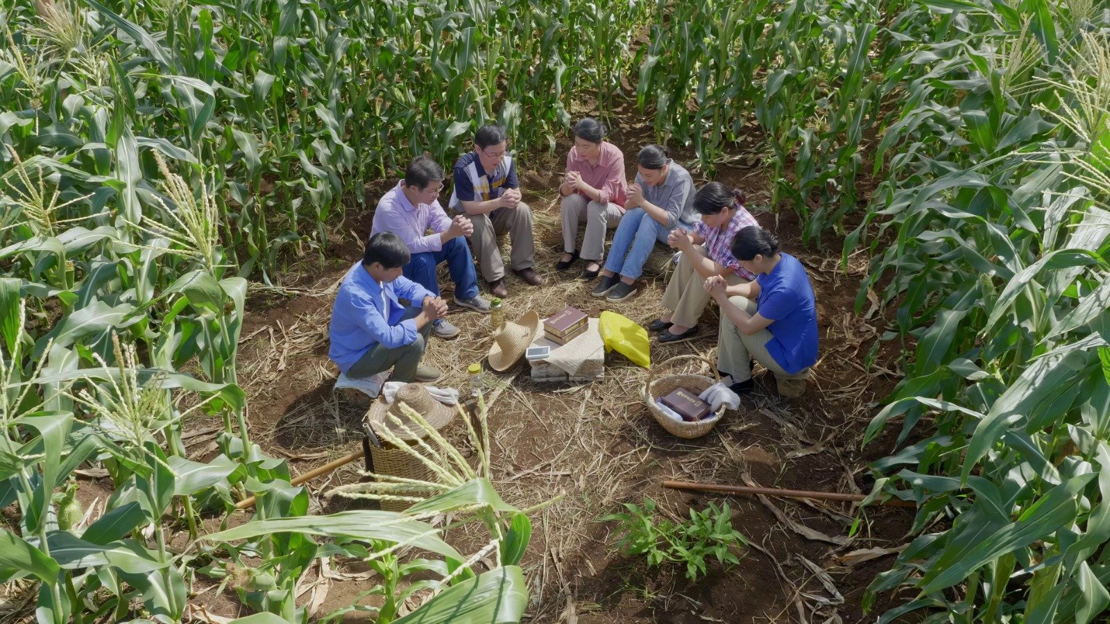 CAG members meeting for prayer in a secluded countryside spot in Shandong to escape police surveillance. AI-generated.