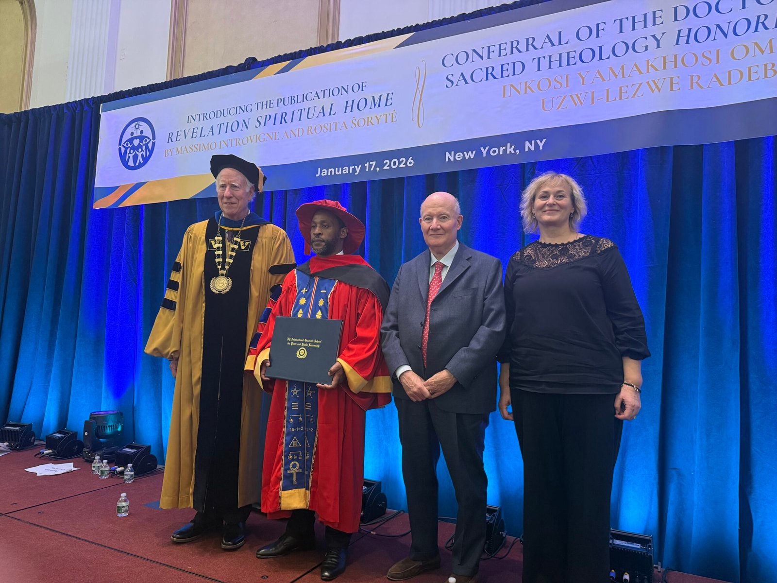 HJ College’s Dr. Thomas Walsh, Inkosi yamaKhosi Omoya IMboni uZwi-Lezwe Radebe, Massimo Introvigne, and Rosita Šorytė at the Honorary Doctorate ceremony.