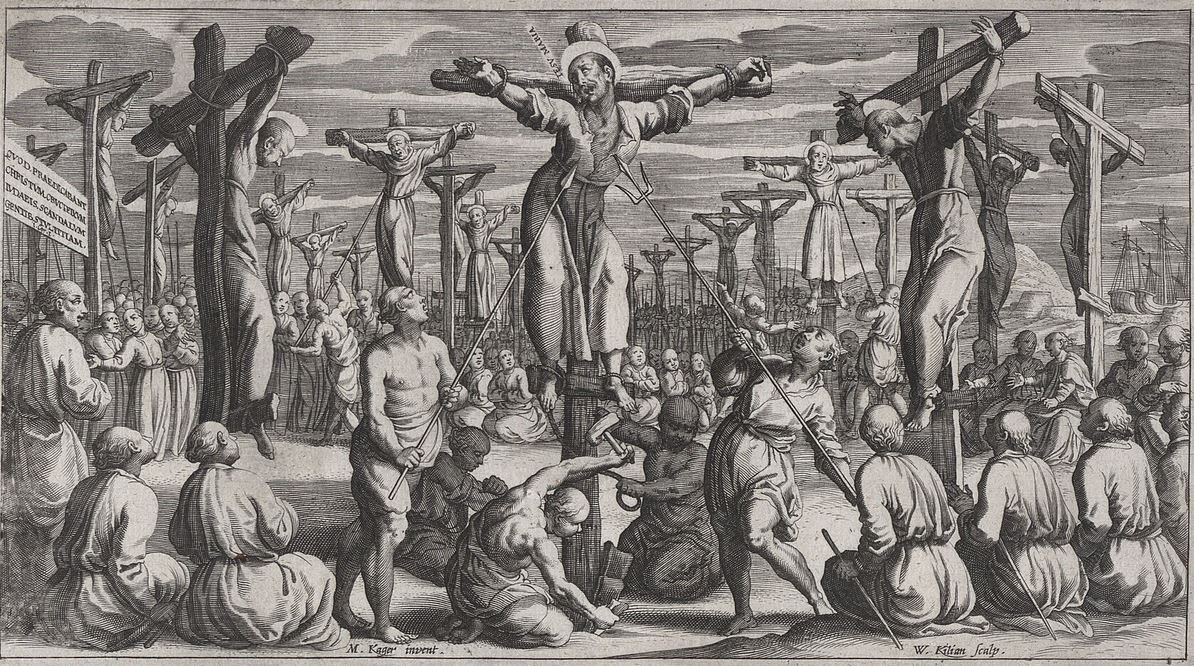 Christians crucified in Japan, engraving by Wolfgang Kilian (1581–1663). Credits.
