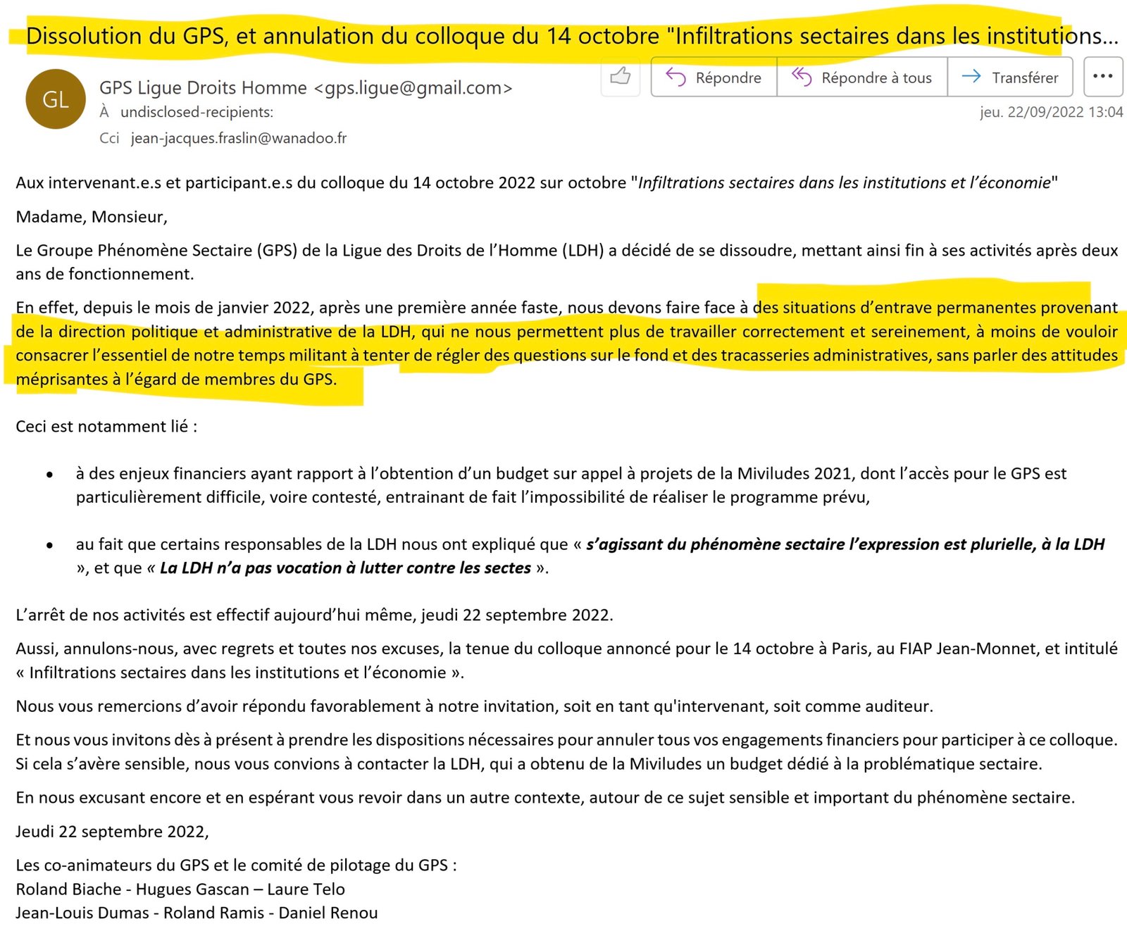 The end of GPS&ndash;Ligue des Droits de l&rsquo;Homme.