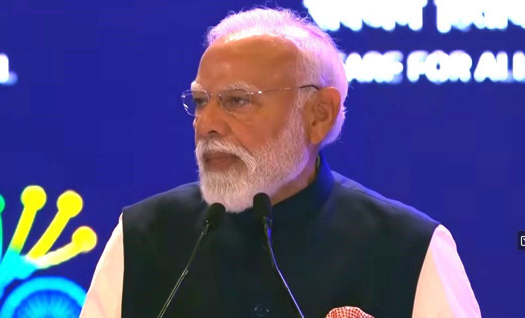 Indian PM Narendra Modi speaks at the India AI Impact Summit 2026. Screenshot.
