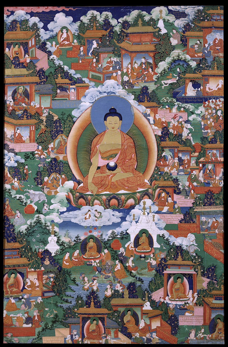 The Buddha and his teachings in a 19th-century Tibetan thangka. Credits.