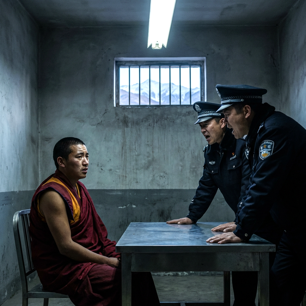 The interrogation of Samten. AI reconstruction.