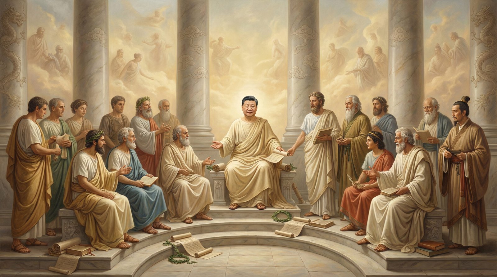 Xi Jinping as a latter-day Plato (inspired by Jean Delville’s “The School of Plato”). AI-generated.