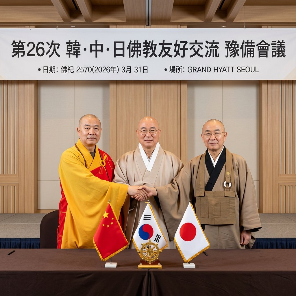 Buddhist representatives from the Chinese CBA, Japan, and Korea sign a cooperation memorandum in Seoul. From Weibo.