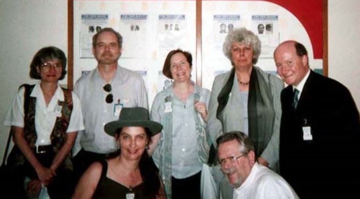 New religious movement scholars at the 1998 CESNUR seminar for FBI agents in Fredericksburg: standing, from the left, Catherine Wessinger, James T. Richardson, Jane Williams-Hogan (1942–2018), Eileen Barker, Massimo Introvigne; seated, from the left, Susan Palmer and J. Gordon Melton.