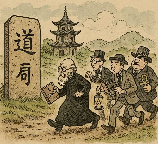 Western esotericists in search of Chinese mysteries. AI-generated.