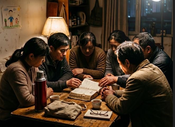 Reading an old, clandestine Bible&mdash;and risking imprisonment. AI-generated.