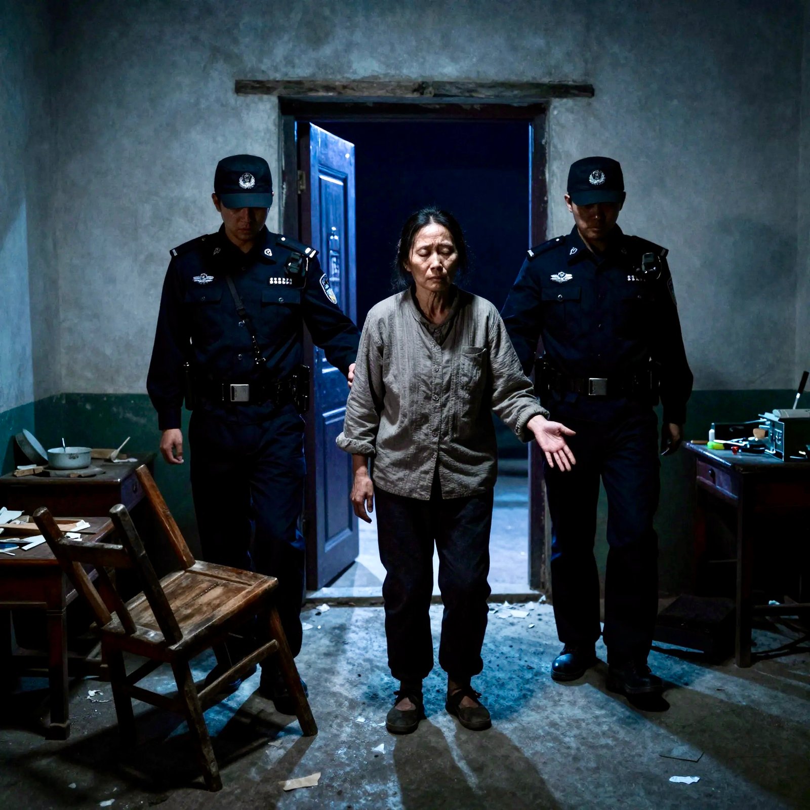 A blind woman is &ldquo;disappeared&rdquo; by the police. AI-generated.