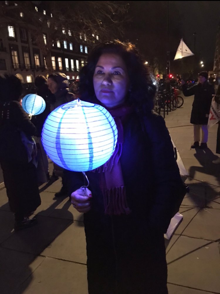 Rushan Abbas at a UK Uyghur community demonstration outside the Chinese Embassy in London in November 2024. Photo by Ruth Ingram.
