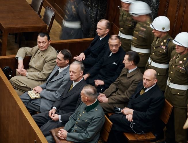 Nazi defendants at the Nuremberg trial. Credits.