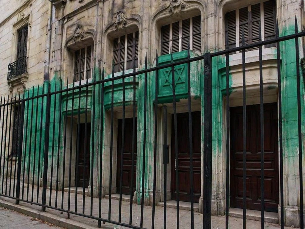 The synagogue Agoudas Hakehilos was spray-painted green on May 31, 2025. From X.