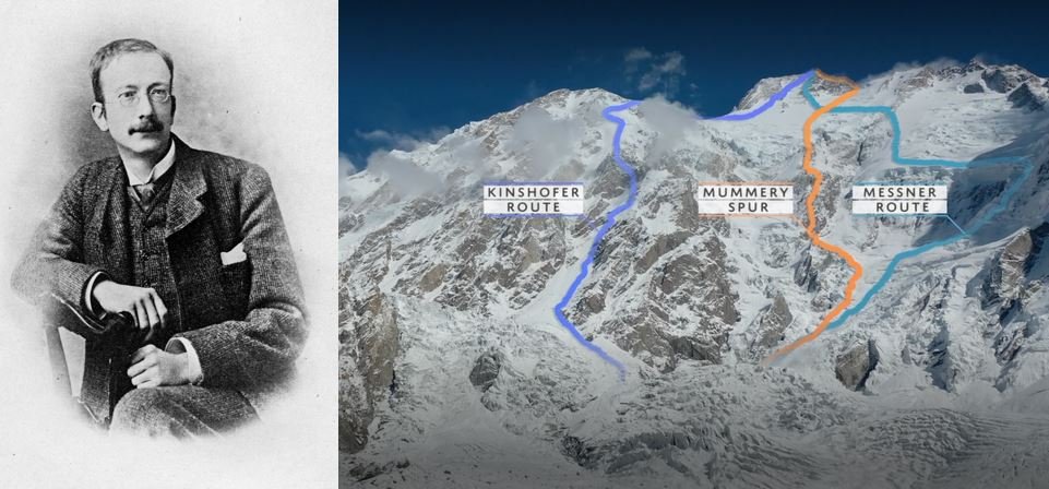 Albert F. Mummery (1855&ndash;1895, credits) and the Mummery Spur route compared to alternative routes to climb Nanga Parbat.