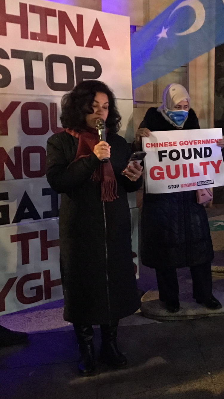 Another image of Rushan Abbas at the demonstration outside the Chinese Embassy in London in November 2024. Photo by Ruth Ingram.