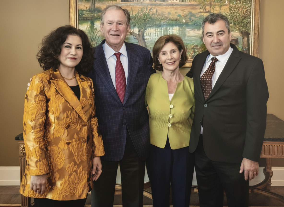 Rushan Abbas and her husband Abdulhakim with President George W Bush and First Lady Laura Bush, following the Bush Center&rsquo;s Forum on Leadership. April 18, 2024. Photo from &ldquo;Unbroken.&rdquo;