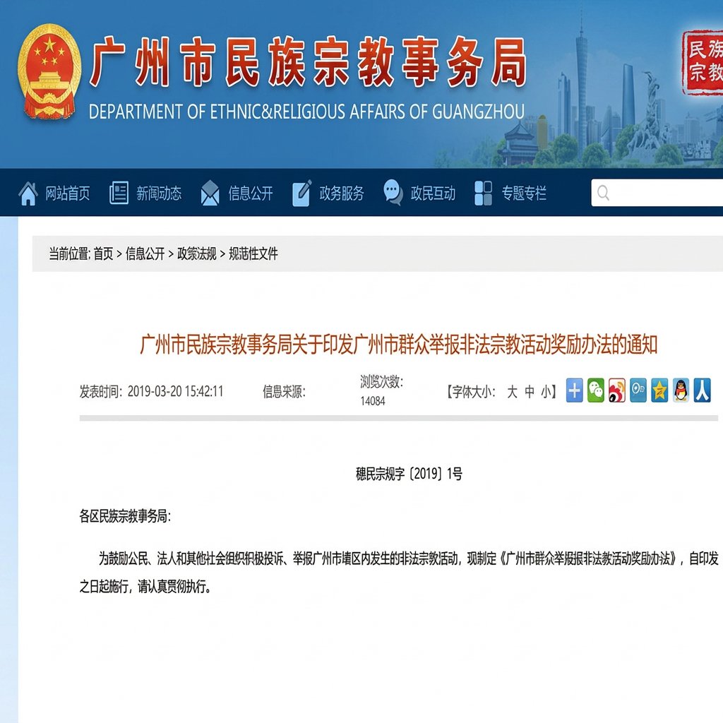 Rewards offered in Guangzhou for reporting illegal religious activities.