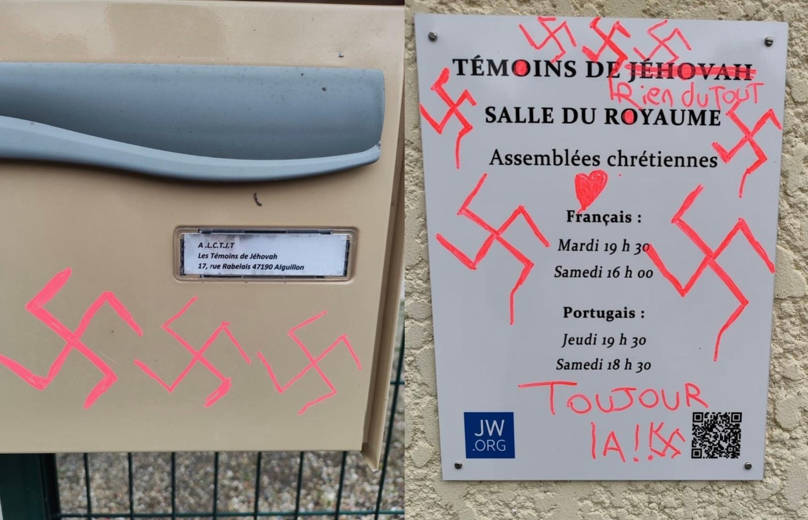 Vandalism against a Kingdom Hall in France.