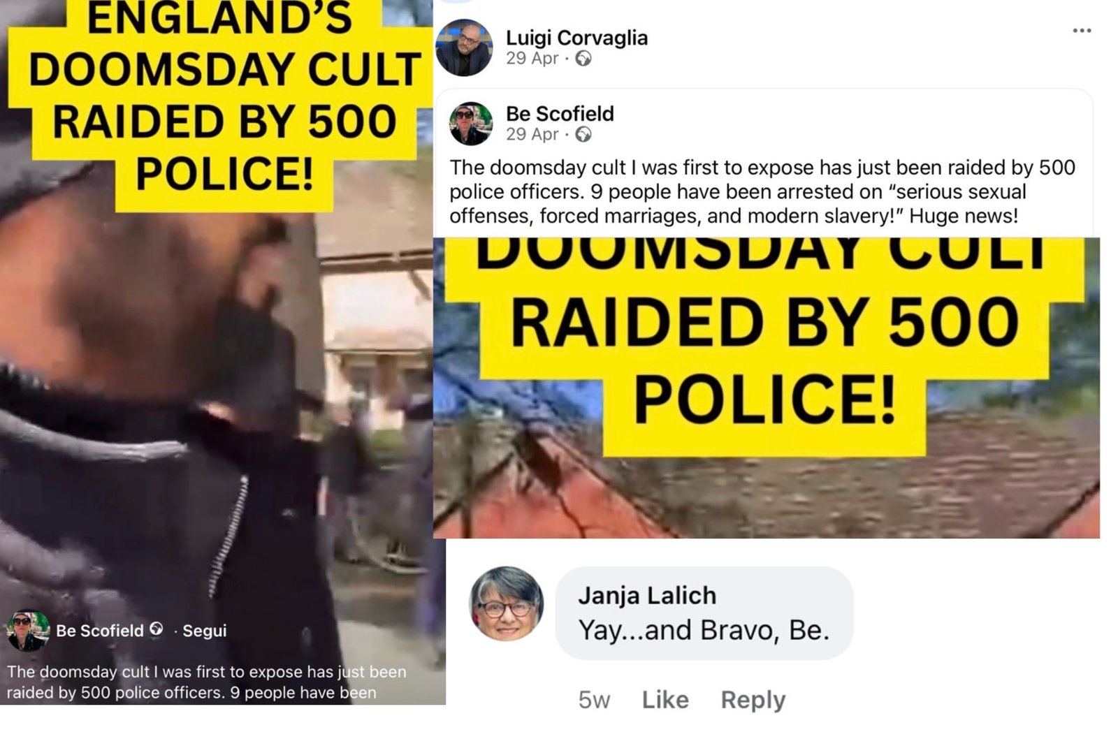 After the raid: Scofield hailing her role in exposing AROPL; FECRIS board member Luigi Corvaglia sharing her post; and American anti-cultist Janja Lalich celebrating.
