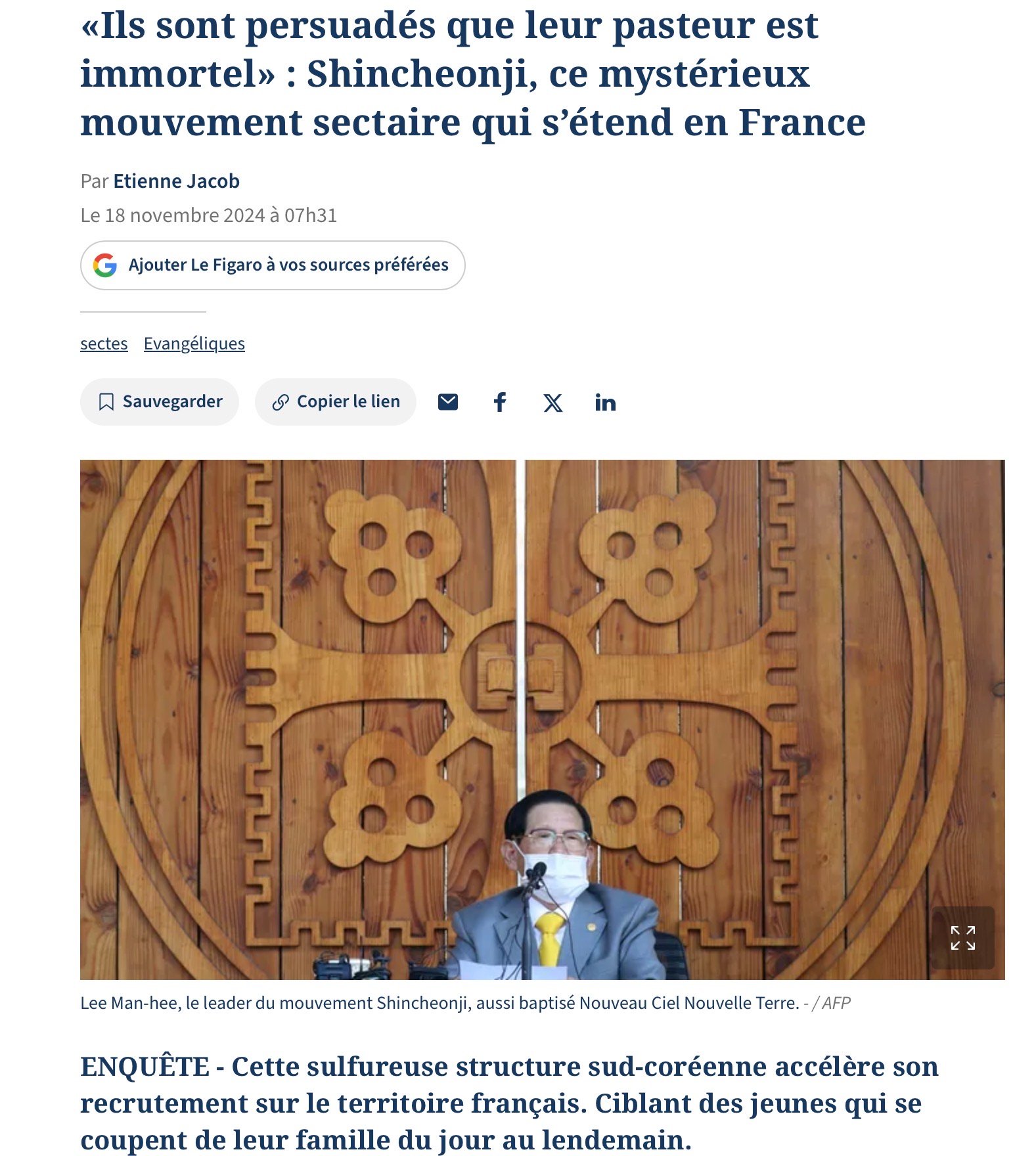 All the anti-cult stereotypes converge in this article for &ldquo;Le Figaro&rdquo; by self-styled cult-hunter &Eacute;tienne Jacob: &ldquo;mysterious cultic movement,&rdquo; &ldquo;disreputable South Korean structure,&rdquo; &ldquo;young people who sever ties with their families from one day to the next.&rdquo;