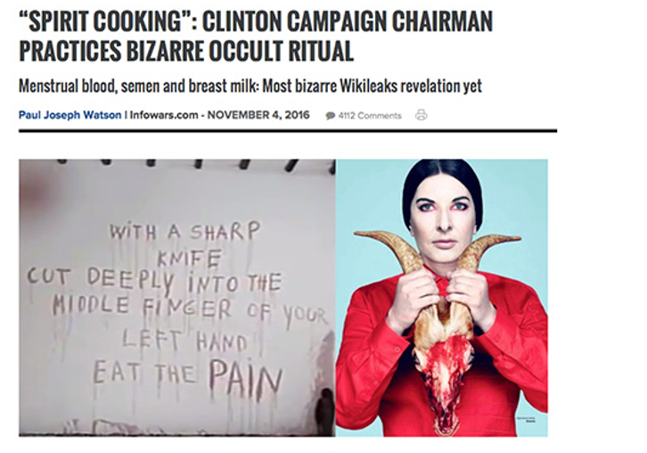 A typical example of the anti-Clinton electoral use of the supposed &ldquo;Satanic&rdquo; connections of Abramović.