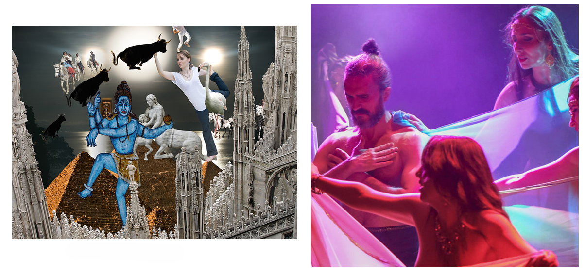 An &ldquo;Astrofocus&rdquo; work by YahRA (left) and an ArtExtasia performance (right).
