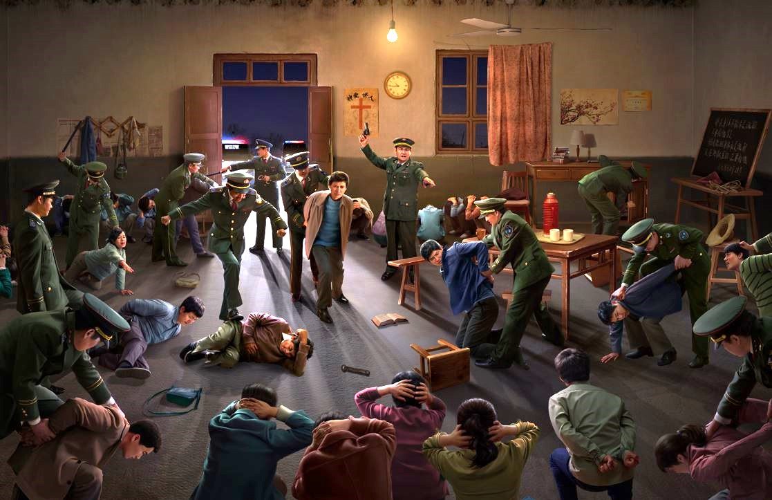 Police raid against The Church of Almighty God in China, by an anonymous CAG artist.