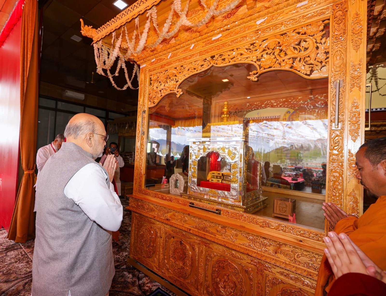 Minister Amit Shah venerating the sacred relics in Ladakh. From Facebook.