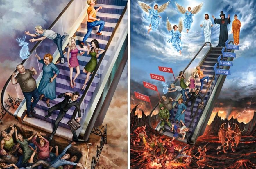 The escalator of life. “Life is an escalator that takes us down. Everything in the world moves, so you can’t just stand in one place. You either make an effort, start taking control of your life and run upward actively, or you stay in one place and go downward.” (Darshan 2, p. 46).
