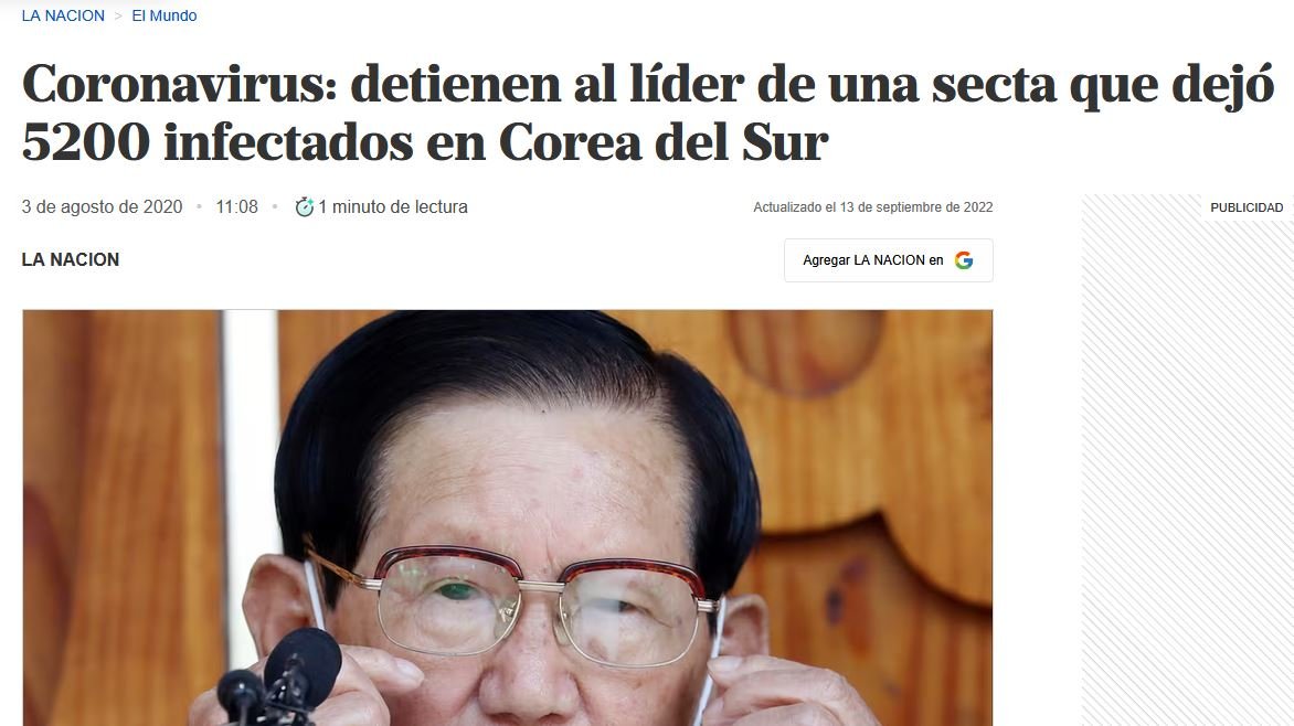 News later proved false about Shincheonji and COVID in the Buenos Aires newspaper “La Nación.”