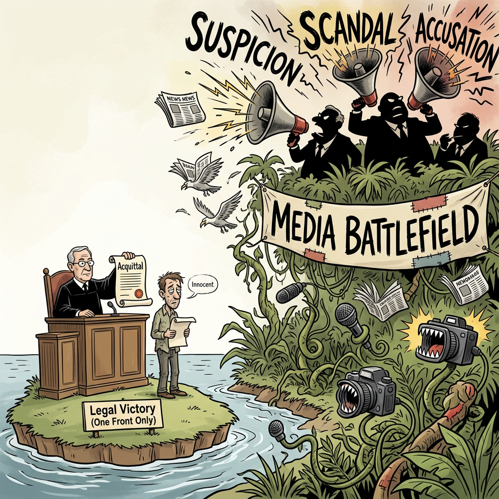 Courtroom acquittals and media continuing slander. AI-generated.