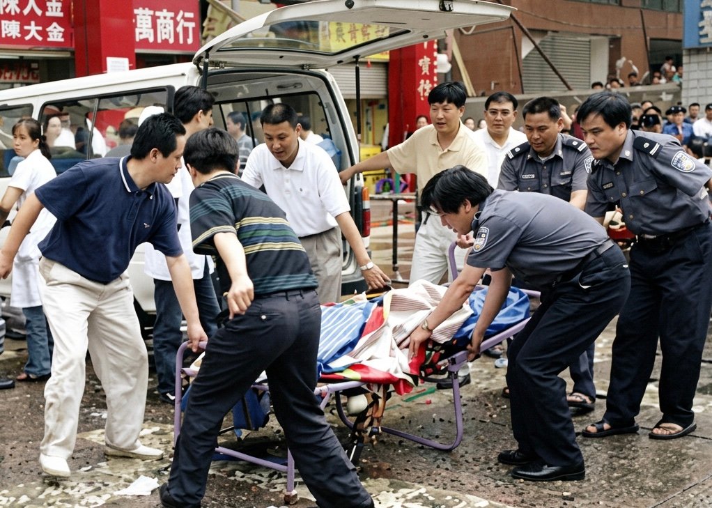 Police and paramedics at the attack site on August 4, 2008. Screenshot.