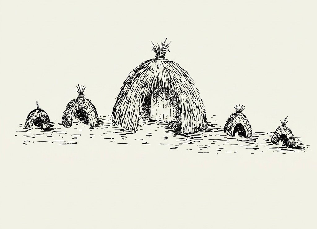  The “palace of Nyabingi” and some of the smaller huts for lesser spirits as sketched by Father Pauwels.