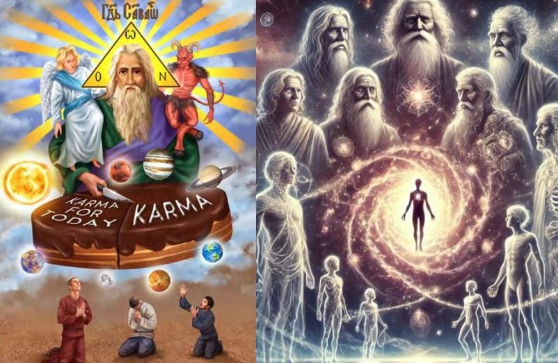 Rudnev’s teachings included discussions of Karma and reincarnation (illustrations from the “Darshan” series).