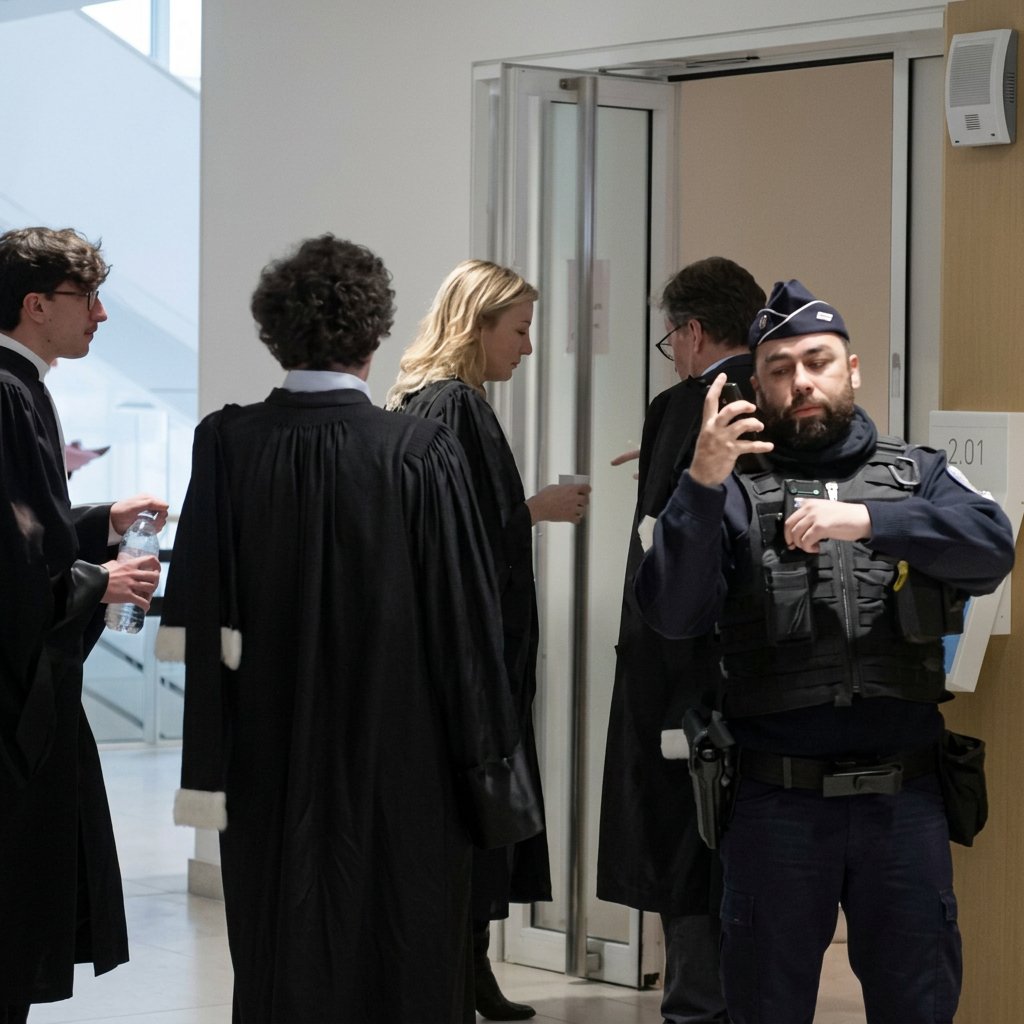Lawyers enter the courtroom for the Athanor trial. Screenshot.